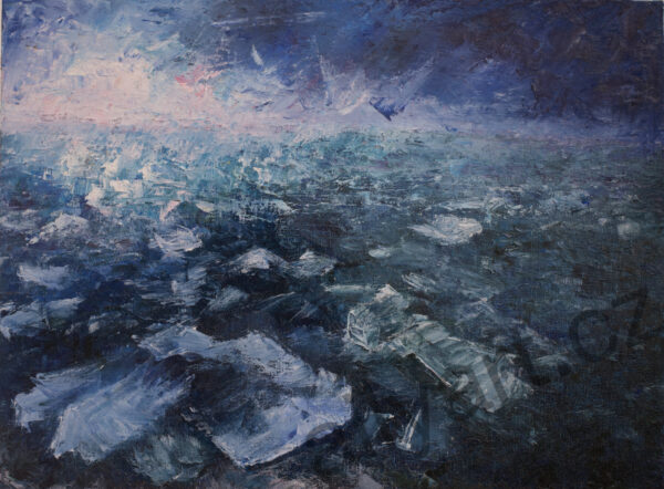 Abstraktní olejomalba. Pohled na moře. Plující ledové kry. Slunce již zapadlo.