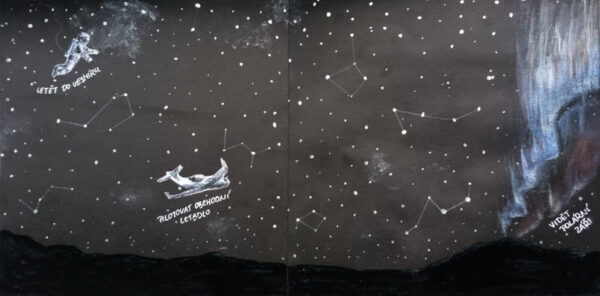 Černá otevírající se karta, noční obloha na které jsou nalezeny astronaut, letadlo a namalovaný polární záře.