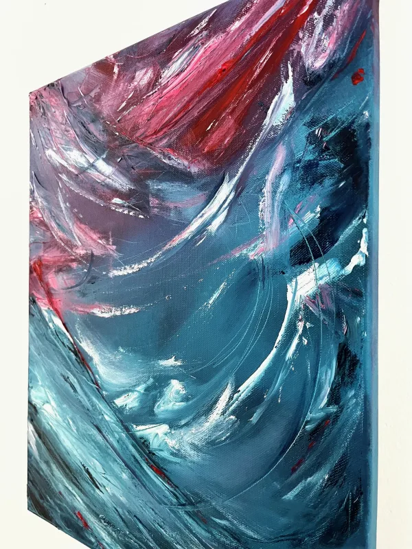 Tato abstraktní olejomalba zachycuje kontrast mezi světle modrou a růžovo červenou barvou. Kombinace těchto barev vytváří dojem pohybu a dynamiky. Obraz je příkladem, jak umění může vyjádřit intenzitu a emoce, aniž by se spoléhalo na konkrétní podoby.
